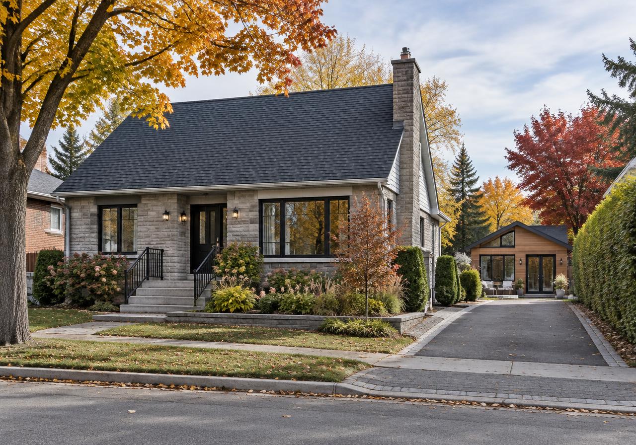 Rue résidentielle québécoise en début d'automne, avec une maison unifamiliale et une petite maison de cour à l'arrière.