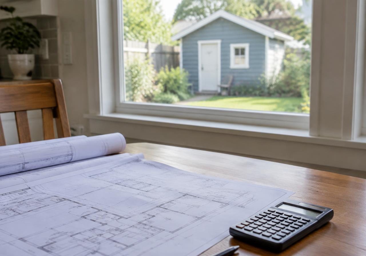 Plans de construction et calculatrice sur une table de cuisine, avec une maison de cour visible par la fenêtre.