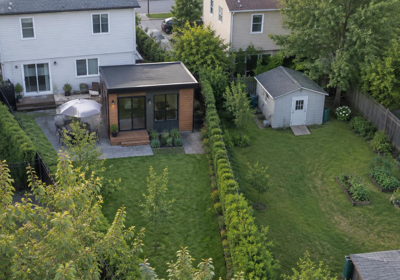 Deux cours arrière voisines au Québec, l'une avec une petite maison de cour, l'autre avec un simple cabanon.