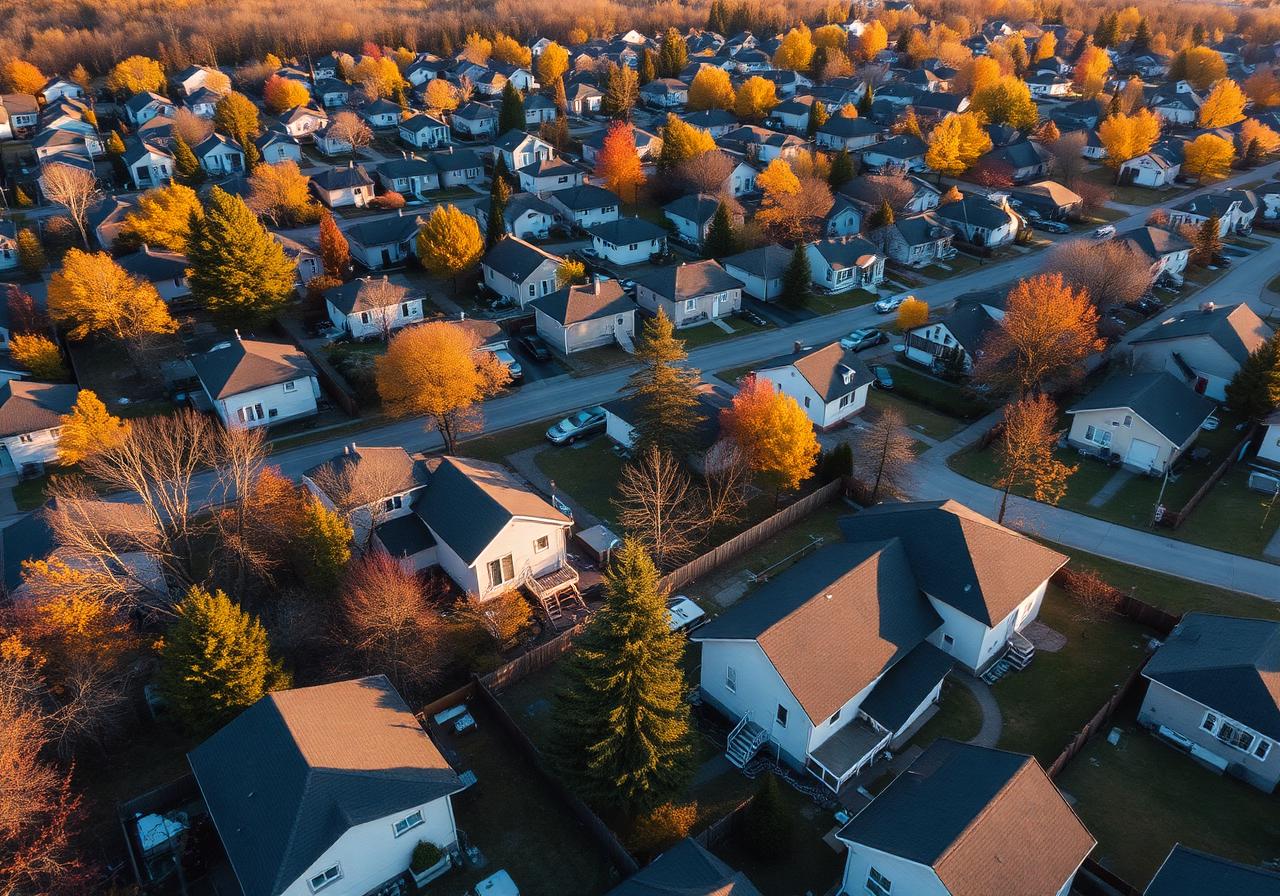 Vue aérienne d'un quartier résidentiel de Saguenay en automne, avec cours arrière propices aux UHA.