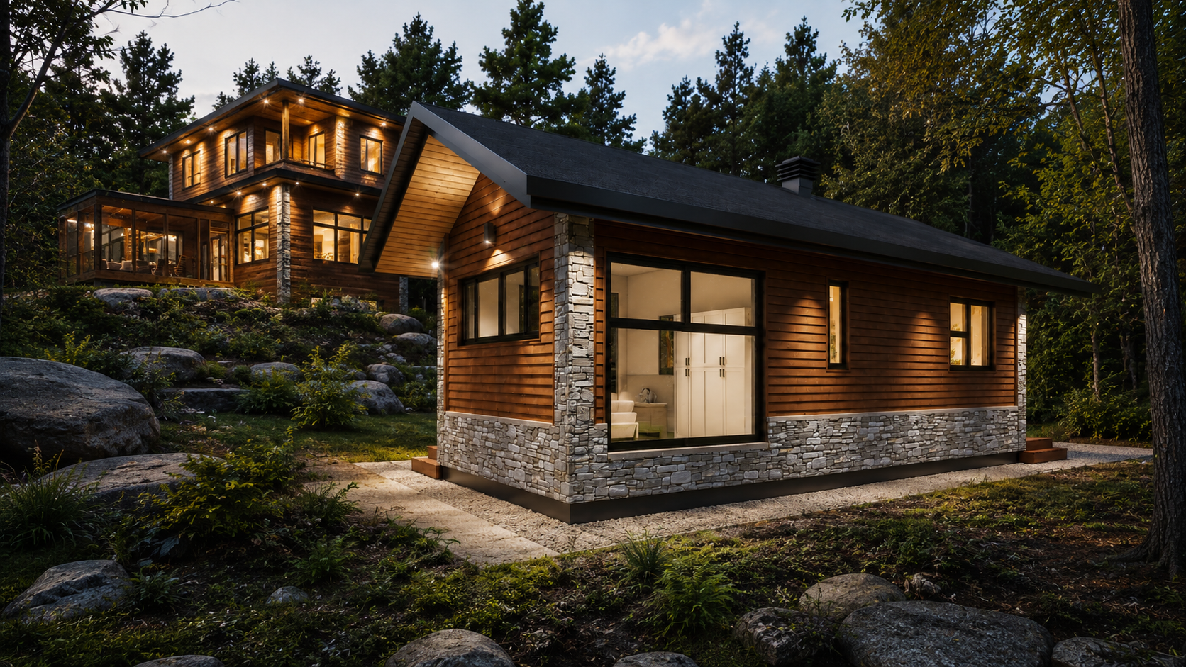 Exemple d'UHA détachée (maison de cour) au crépuscule, à côté de la résidence principale en bois et pierre.