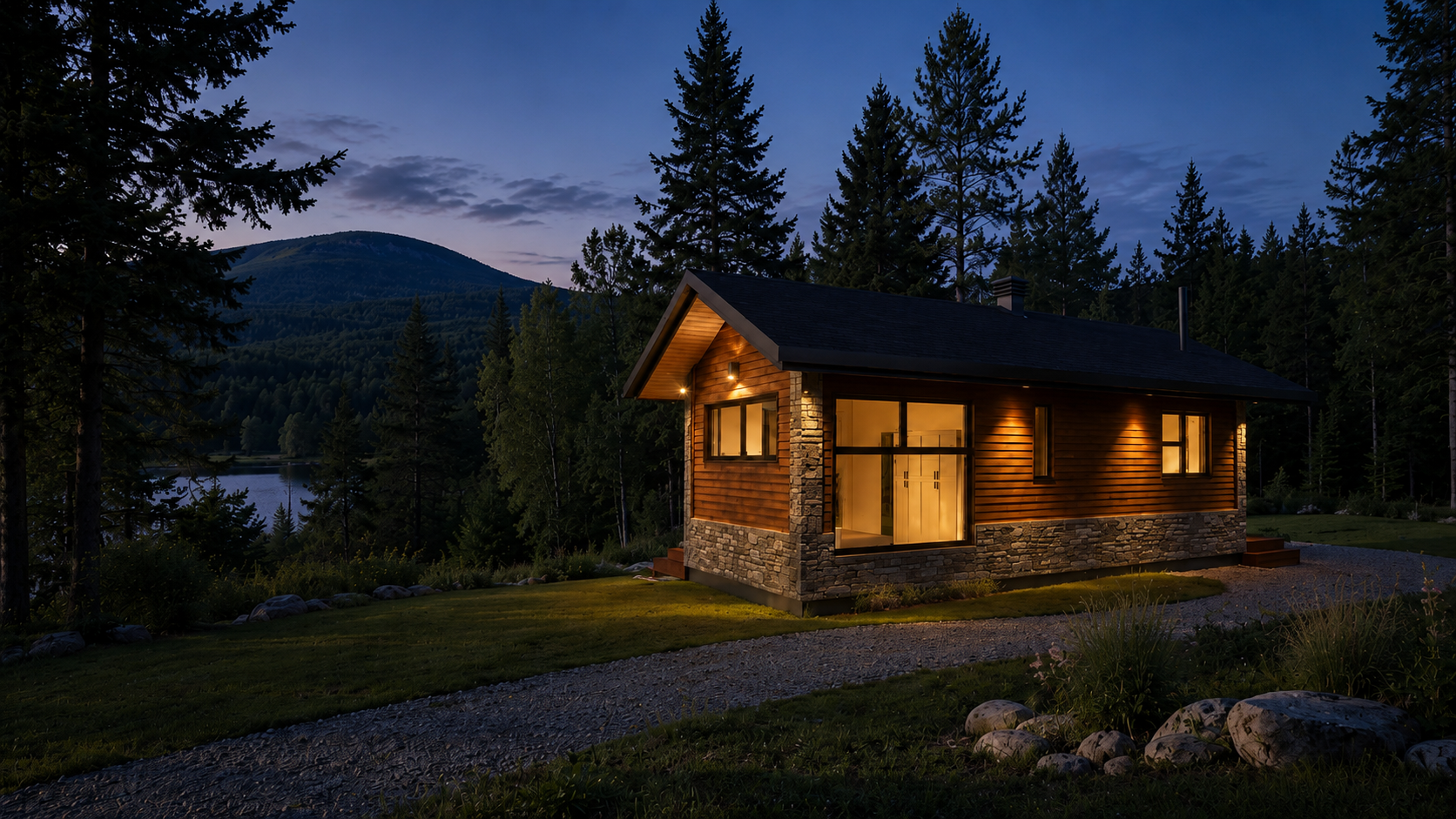 Petite maison de bois et de pierre illuminée au crépuscule, en bordure d'un lac dans les Laurentides.