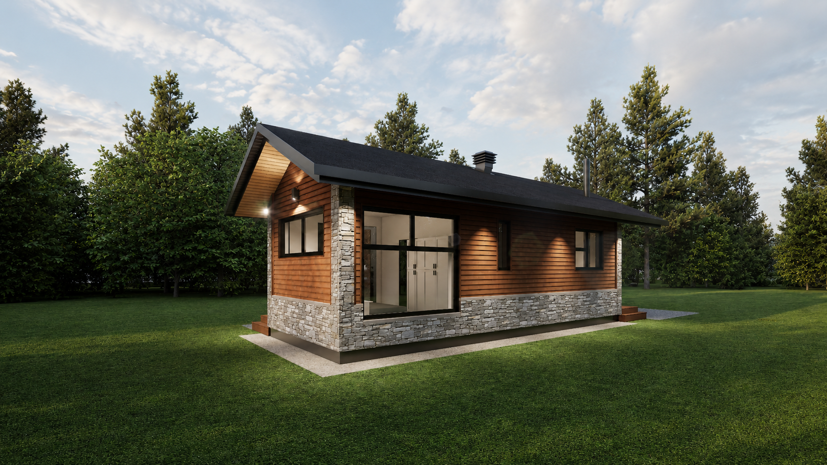 Petit pavillon de bois et de pierre dans une clairière, exemple d'une unité d'habitation accessoire en cour.