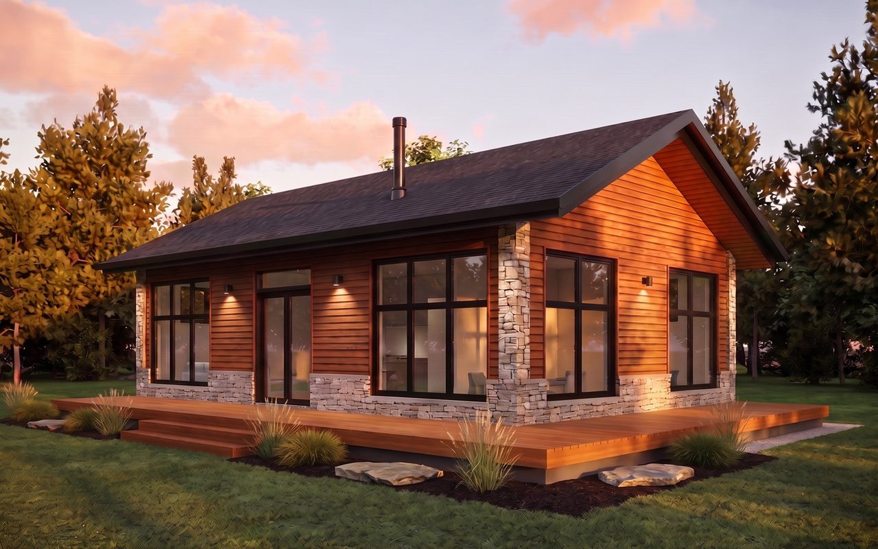 Rendu d'une petite UHA détachée en bois et en pierre, avec terrasse, construite sur un terrain gazonné au coucher du soleil.