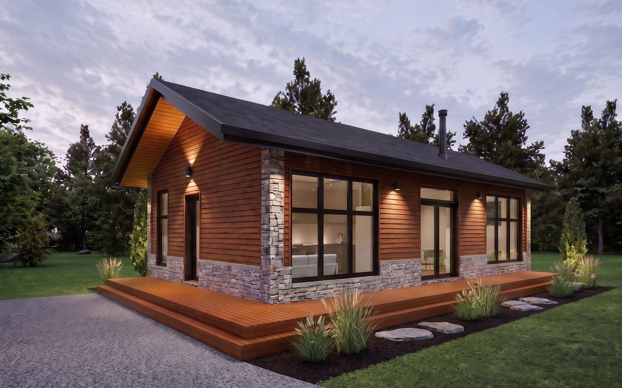 Rendu d'une petite UHA détachée en bois et en pierre, avec grande terrasse, sur un terrain résidentiel au crépuscule.