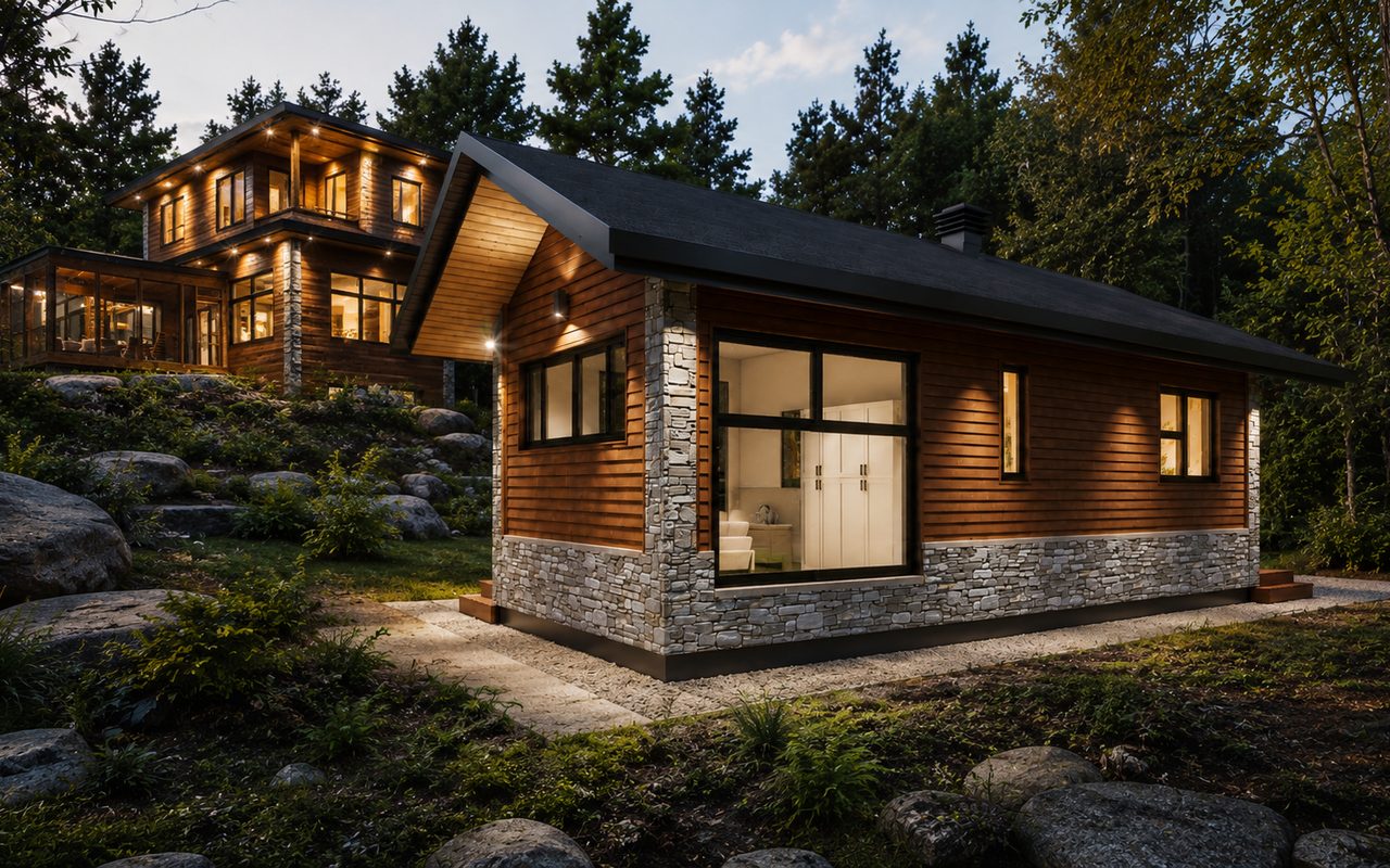 Maison familiale en bois éclairée au crépuscule et, à l'avant-plan, une petite UHA détachée en bois et en pierre sur le même terrain boisé.